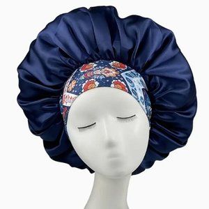 Women Satiny Bonnets for Sleeping Navy White Floral Band